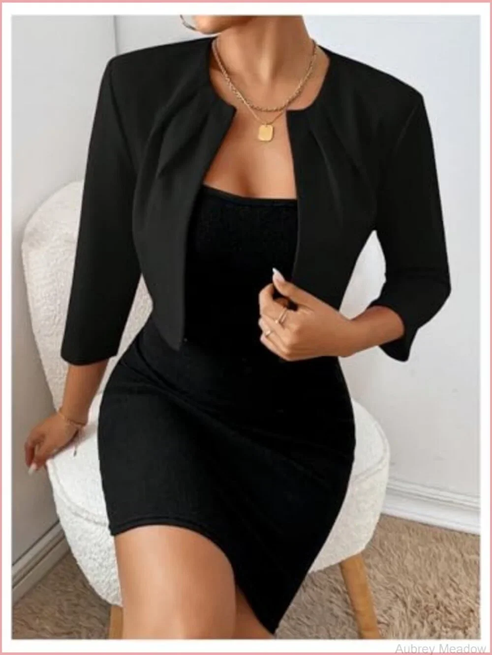 Open Front 3/4 Sleeve Pleated Crop Blazer Jacket Stretch Knit Womens Work Office